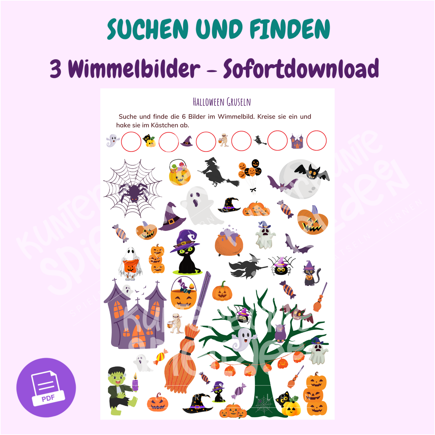 Obst- und Gemüse-Wimmelbild für Kleinkinder – druckbare Bildersuche - Wimmelbild-Suchbild-Kombi als Sofortdownload für Kinder ab 2 Jahren - Druckbares Lernspiel für Kleinkinder – Wimmelbild PDF mit Suchaufgaben - Halloween Suchbild ab 2 Jahren – Beschäftigungsidee für Kinder